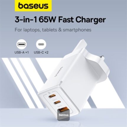 فيش من شركه BASEUS مع كيبل TYPE-C و منفذين USB-C و USB-A بقوة 65W