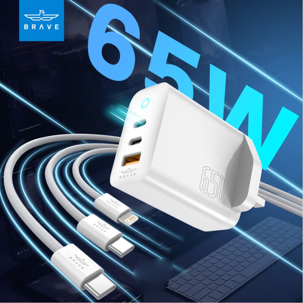 Brave 65W PD GaN 3-Port Laptop Charger - Dual Type-C + USB-A with 60W Type-C to C and 20W C to Lightning Cables - White (2)-1000x1000