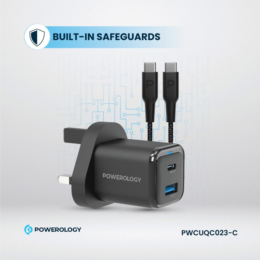 Powerology 35W PD QC 1xUSB-C 35W and 1xUSB-A 18W GaN Charger UK -with Type C to C 60W -Black